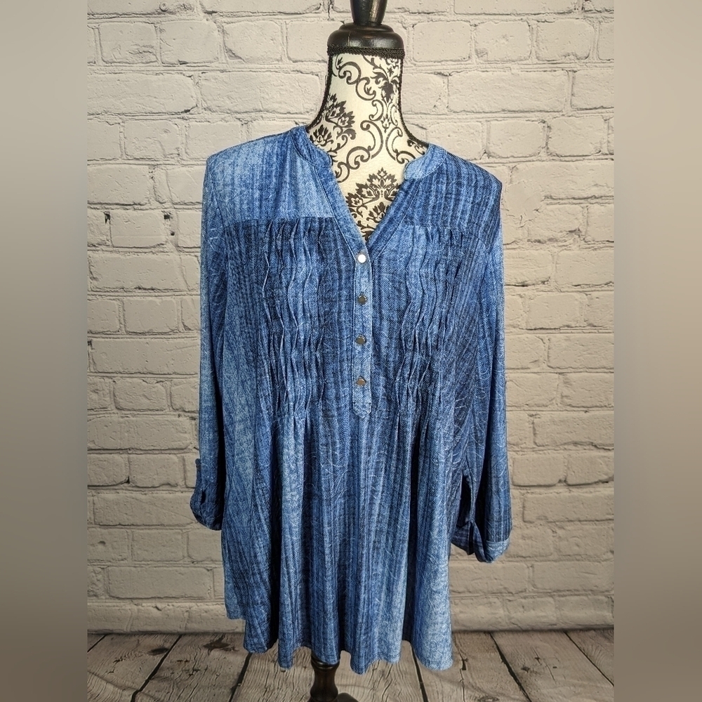 Westport Womens Long Sleeve Stretch Knit 1/2 Button Front Sz 1x Geo Print BBIN